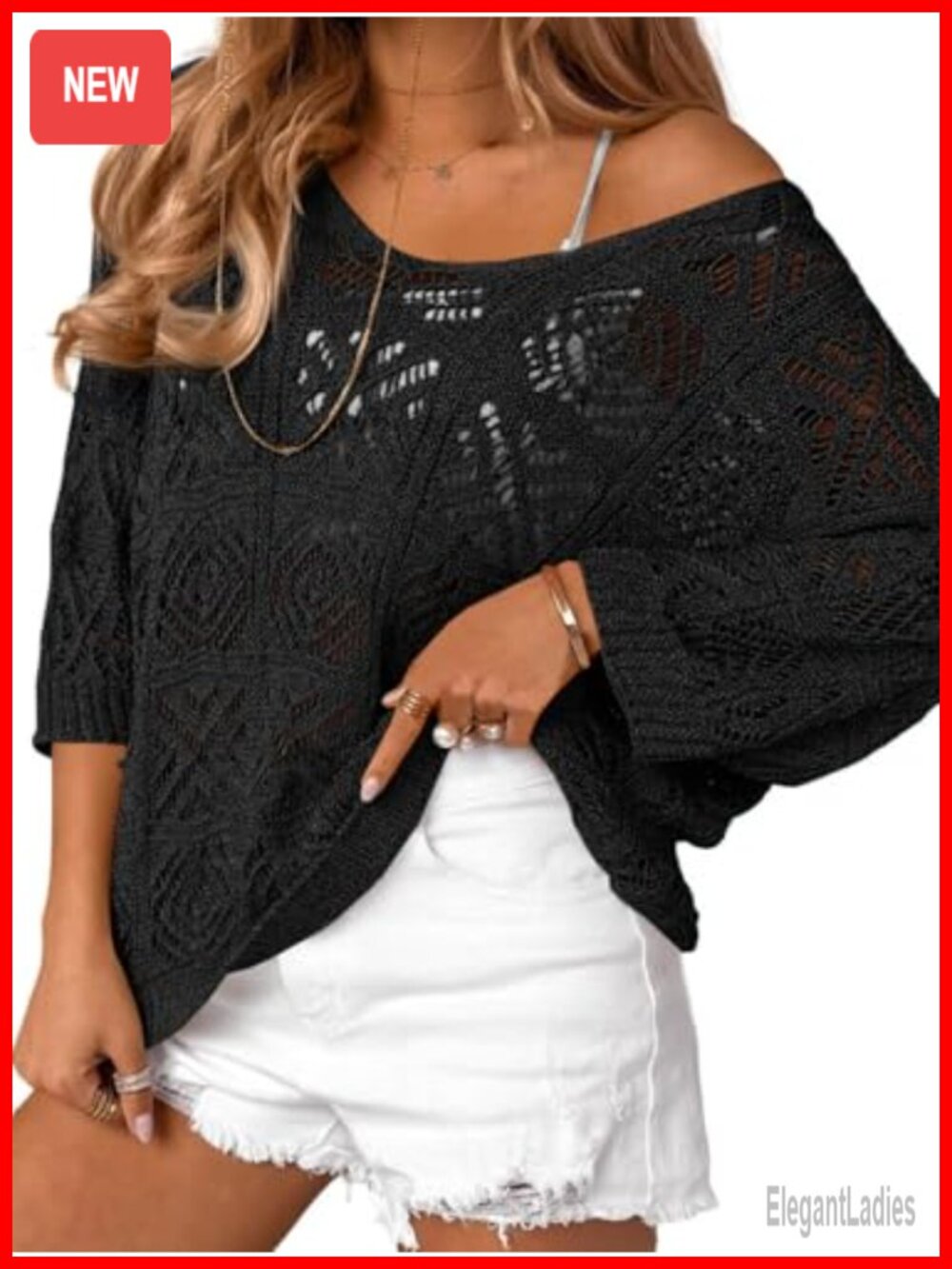 Crochet Cover Up Top Mesh Knit 3/4 Sleeve Women's Swim Cover-Up
